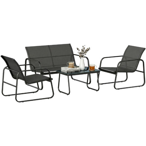 Ensemble jardin extérieur 4 pièces : canapé 2 places, 2 fauteuils, table verre trempé, textile gris foncé (1/5)