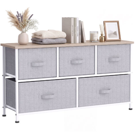 Commode 5 tiroirs tissu chambre cadre métal, 100x30x54 cm, gris (1/5)