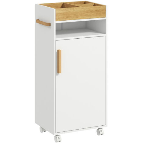 Armoire salle bain moderne étagères réglables plateau retirable roues, 40x30x88 cm, blanc/chêne (1/5)