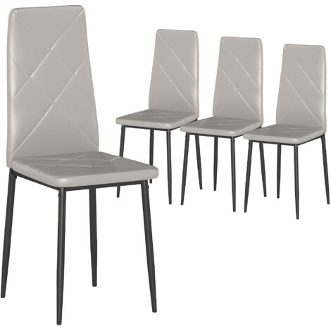 Lot 4 chaises salle à manger rembourrées cuir synthétique dossier haut pieds métal, 41x50x97 cm, gris (1/5)