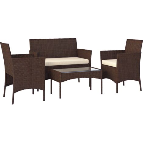 Ensemble jardin 4 pièces canapé 2 places 2 fauteuils table basse rotin acier beige marron (1/5)