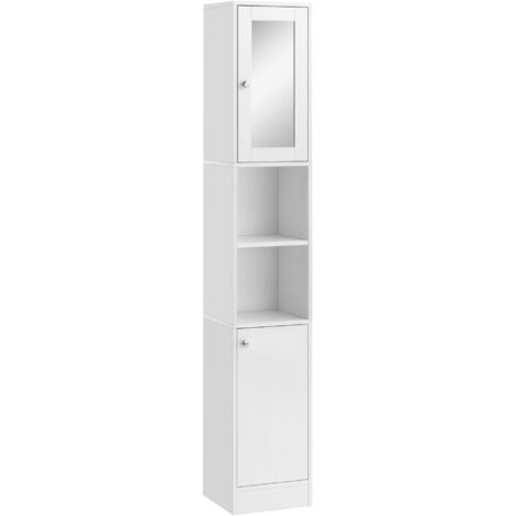 Placard salle bain haut miroir colonne bois 2 étagères ouvertes 2 portes étagères intérieures réglables, 30x28x180 cm, blanc (1/5)