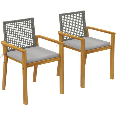 Lot 2 chaises jardin extérieures bois empilables, coussins détachables, dossier accoudoirs, 59x55x86 cm, naturel (1/5)