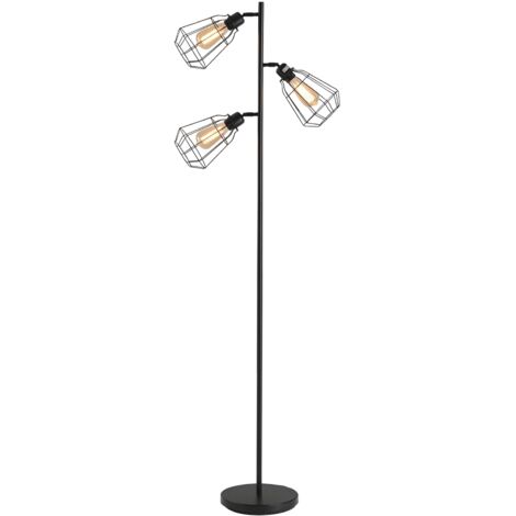 Lampadaire design industriel 3 ampoules max 40 W abat-jour cage métal noir