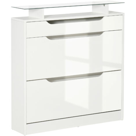 Armoire chaussures 2 portes rack étroit 16 paires tiroir étagère ouverte plateau verre entrée couloir, 89x23x96 cm, blanc (1/5)