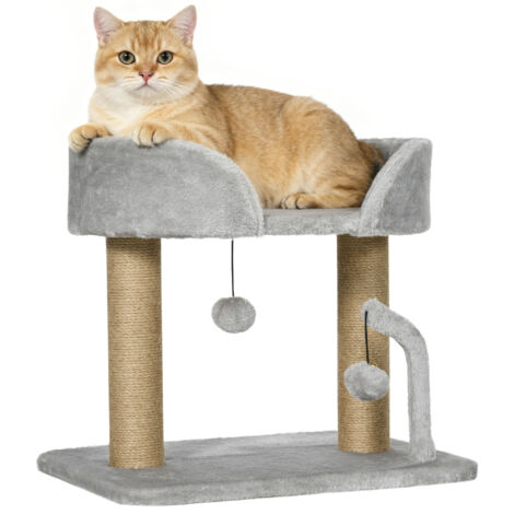 Petit chat griffant arbre H42 cm boules suspendues nid et poteaux sisal, 48x38x42 cm, gris clair (1/5)