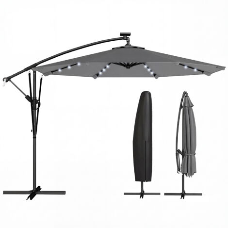Parasol déporté jardin LED solaire 32 lampes LED manivelle UV50+ housse protection Ø295 cm gris (1/5)