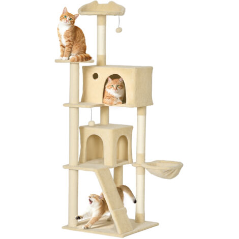 Arbre grattage chat 180 cm plateformes lit 2 grottes hamac échelle poteaux sisal, beige (1/5)