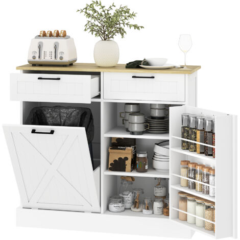Buffet cuisine meuble poubelle 38 L meuble rangement 2 tiroirs étagère épices plan travail blanc (1/5)