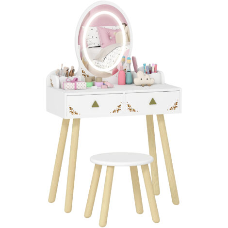 Meuble maquillage  3 couleurs lumières LED, tabouret miroir, 2 tiroirs, 2 boîtes rangement, blanc (1/5)