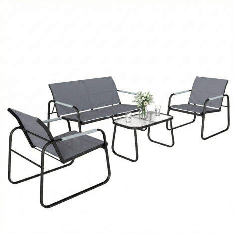 Ensemble jardin 4 pièces : canapé 2 places, 2 fauteuils, table basse, cadre métallique gris (1/5)