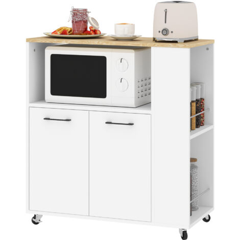 Chariot cuisine étagère ouverte placard 2 portes étagère latérale 2 niveaux polyvalent étagère réglable bois 75x40x80,5 cm blanc chêne (1/5)