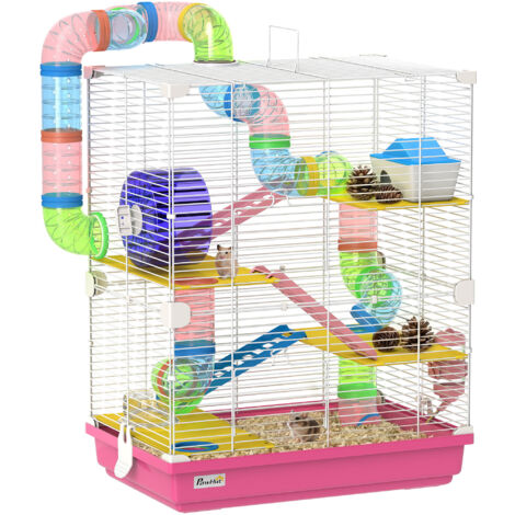 Cage hamster plates-formes tunnel rampes boire roue exercice, 46x30x58 cm, rose (1/5)