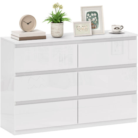Commode 6 tiroirs pour salon/bureau style moderne, 112x34x75 cm, blanc brillant (1/5)