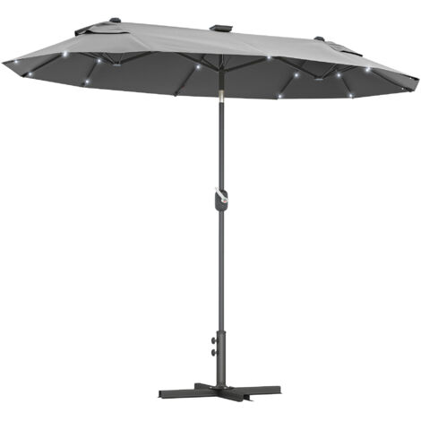 Double parasol jardin 295x150x219 cm leds solaires, auvent inclinable réglable manivelle, gris (1/5)