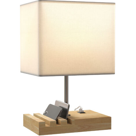 Lampe table ports USB-A/C, 3 emplacements téléphones, base bois, écran tissu, blanc (1/5)