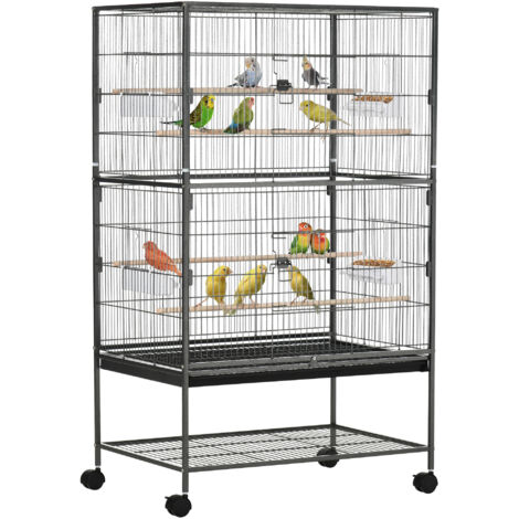 Cage intérieure oiseaux acier bois plateau extractible 4 roues perchoir contenant alimentaire 78x52x132 cm gris foncé (1/5)