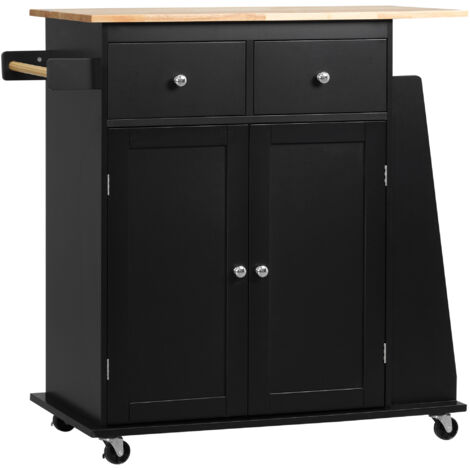 Chariot cuisine, placard, 2 tiroirs, 3 étagères, support épices, îlot, étagère, porte-serviettes, 4 roues freins, 89x45x89,5cm, noir (1/5)