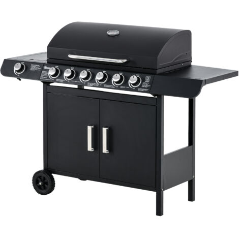Barbecue gaz couvercle 7 brûleurs 20 kW brûleur latéral 2 roues 135x50x100 cm noirs (1/5)