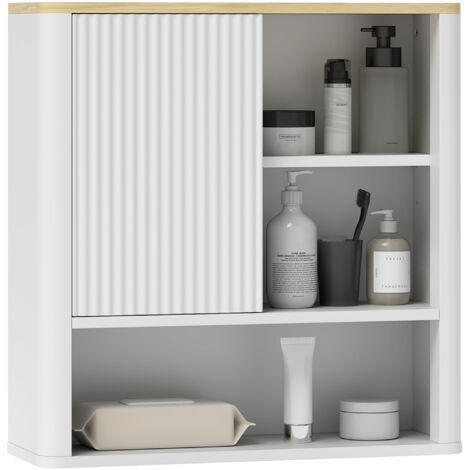 Armoire salle bain murale porte coulissante 5 compartiments étagères réglables, 60x20x62 cm, blanc (1/5)