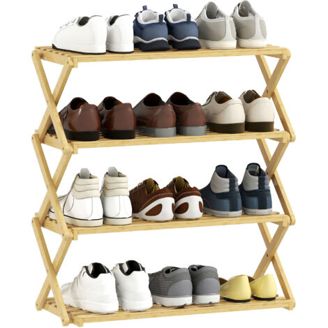 Porte-chaussures bambou étroit pliant vertical 4 étages sans installation, naturelle (1/5)