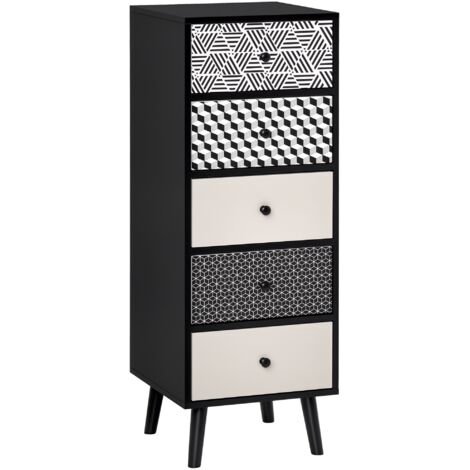 Commode 5 Tiroirs, Motif Géométrique, 40 x 40 x 111,5 cm, Noir Gris (1/5)