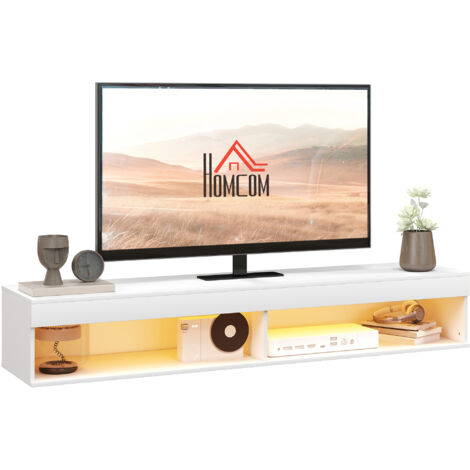 Meuble TV suspendu mural avec LED pour TV jusqu'à 75", étagères, 180x40x30 cm, blanc. (1/5)