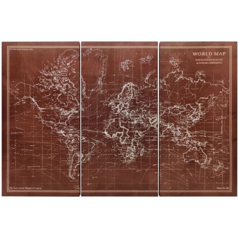 Toiles triptyques carte monde vintage mains 120x60 cm, cadre bois, décoration chambre, marron (1/5)