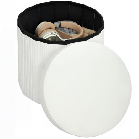 Établi rangement puff pliant 35 l, 38x38x38 cm, rembourré velours tronc rond, crème (1/5)