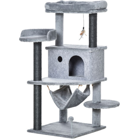 Griffoir, Poteau, Maison de Jeux, Lit, 4 Plateformes, Hamac, 2 Jouets, Carton Comprimé, Peluche, Sisal, Feutre, 48 x 48 x 107 cm, Gris (1/5)