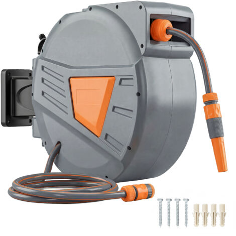 Moulinet tuyau rétractable 20+1,6 m, buse 2 modes, verrouillage auto contrôlé, support orange (1/5)