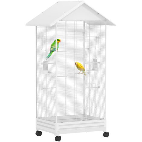 Cage oiseaux roues 79x65x155 cm grande cage 2 mangeoires 8 perchoirs plateau amovible, blanc (1/5)