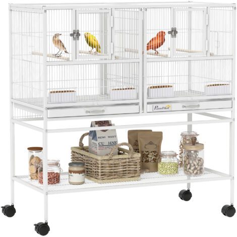 Grande cage oiseaux roues diviseuses 4 mangeoires 4 perchoirs étagères 2 plateaux amovibles, 95x45,5x102 cm, blancs (1/5)