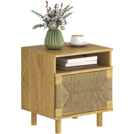 Table chevet bohème porte corde papier, étagère ouverte ouverture pression, 45x39x50 cm, chêne (1/5)