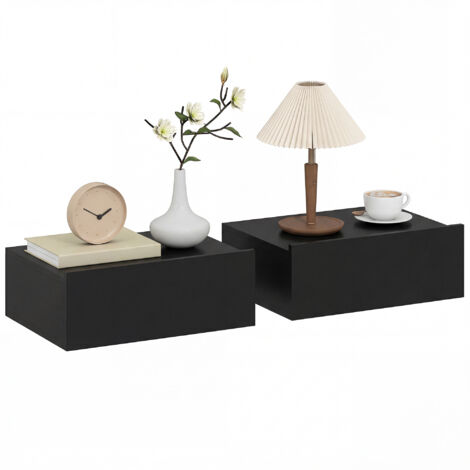 Lot 2 tables chevet murales flottantes 1 tiroir chambre, 40x30x15 cm, noir (1/5)