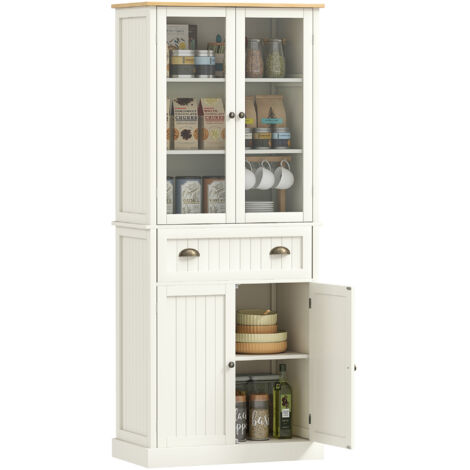 Garde-manger 5 niveaux, tiroir central, étagères, portes verre trempé, 76x40x182,5cm, blanc crème (1/5)