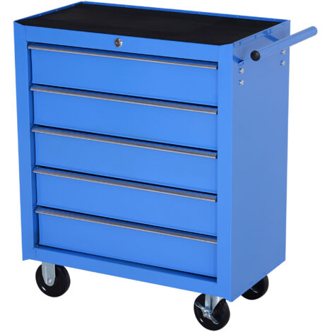 Chariot atelier 5 tiroirs roues métalliques bleues 67,5x33x77 cm (1/5)