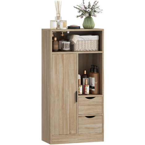 Armoire salle bain fine peu espace 2 tiroirs étagères meuble 50x25x100 cm bois naturel (1/5)