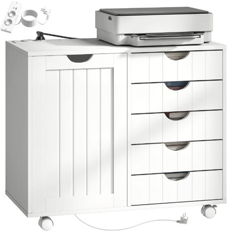 Armoire imprimante station recharge volants 5 tiroirs ports usb réglables étagère, blanche (1/5)