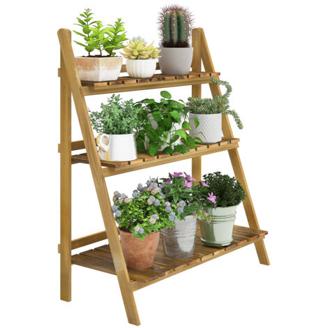 Support plantes bois 3 niveaux pliable pot plantes, 80x37x93 cm, naturel (1/5)