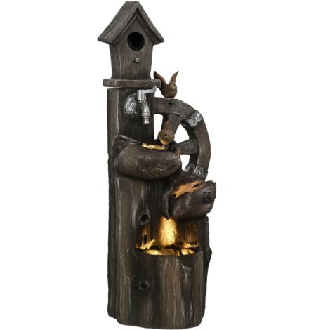 Fontaine cascade 2-en-1 avec nichoir oiseaux, lumières LED, pompe jardin, bûches multicolores (1/5)