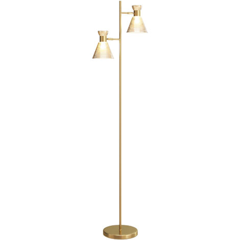 Lampadaire sur pied double tête réglable abat-jour verre floral 42x25x165 cm doré