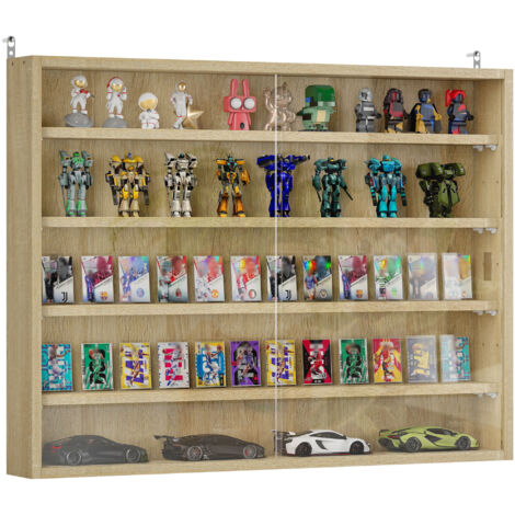 Vitrine murale bois étagères réglables 2 portes coulissantes verre, 80x9,5x60 cm, chêne (1/5)