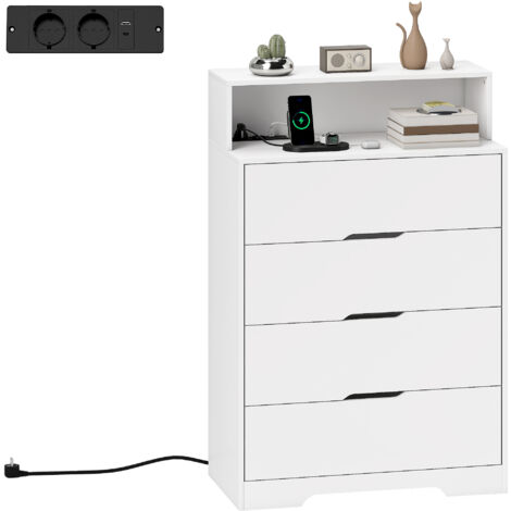 Commode 4 tiroirs station recharge port usb/usb-c étagère ouverte, 80x40x120 cm, blanc (1/5)