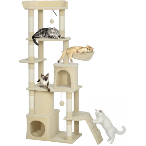 Grand arbre griffant chats H170 cm 7 poteaux 1 tunnel 3 quais 2 grottes 1 hamac, beige (1/5)