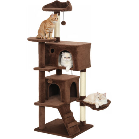 Arbre grattage chats 140 cm plateformes lit 2 grottes hamac échelle poteaux sisal, brun (1/5)