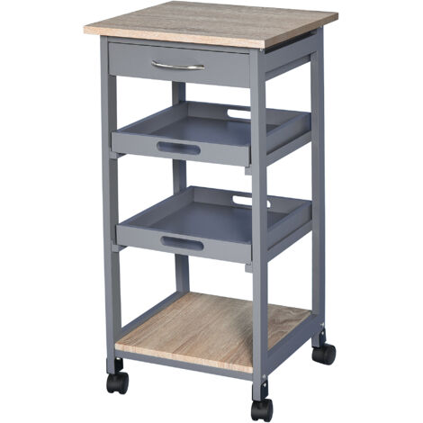 Chariot cuisine tiroir 2 plateaux rabattables étagère fixe rangement bois pin MDF 37x37x76 cm gris chêne (1/5)