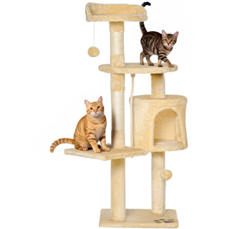 Grand grattoir arbre chat plateformes maisons jeu 114 cm recouvert peluche, beige (1/5)
