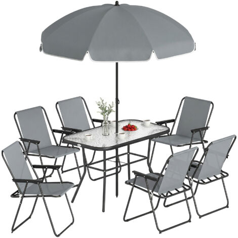Ensemble jardin 8 pièces : parasol, 6 chaises pliantes, table extérieur verre trempé, gris (1/5)