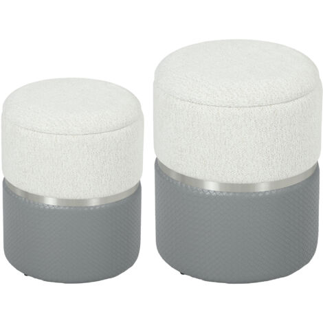 Lot 2 bouffants rangement rembourrés chenille siège pu chambre couloir, gris/crème (1/5)